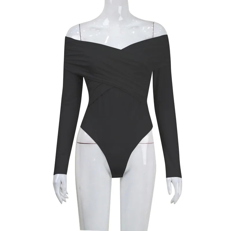 VaultHaus sexy off shoulder bodysuit in black with long sleeves and a fitted design