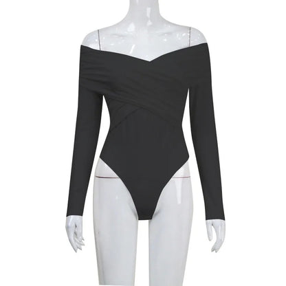 VaultHaus sexy off shoulder bodysuit in black with long sleeves and a fitted design