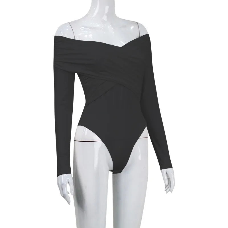 Stylish sexy off shoulder bodysuit in black with long sleeves and a flattering fit