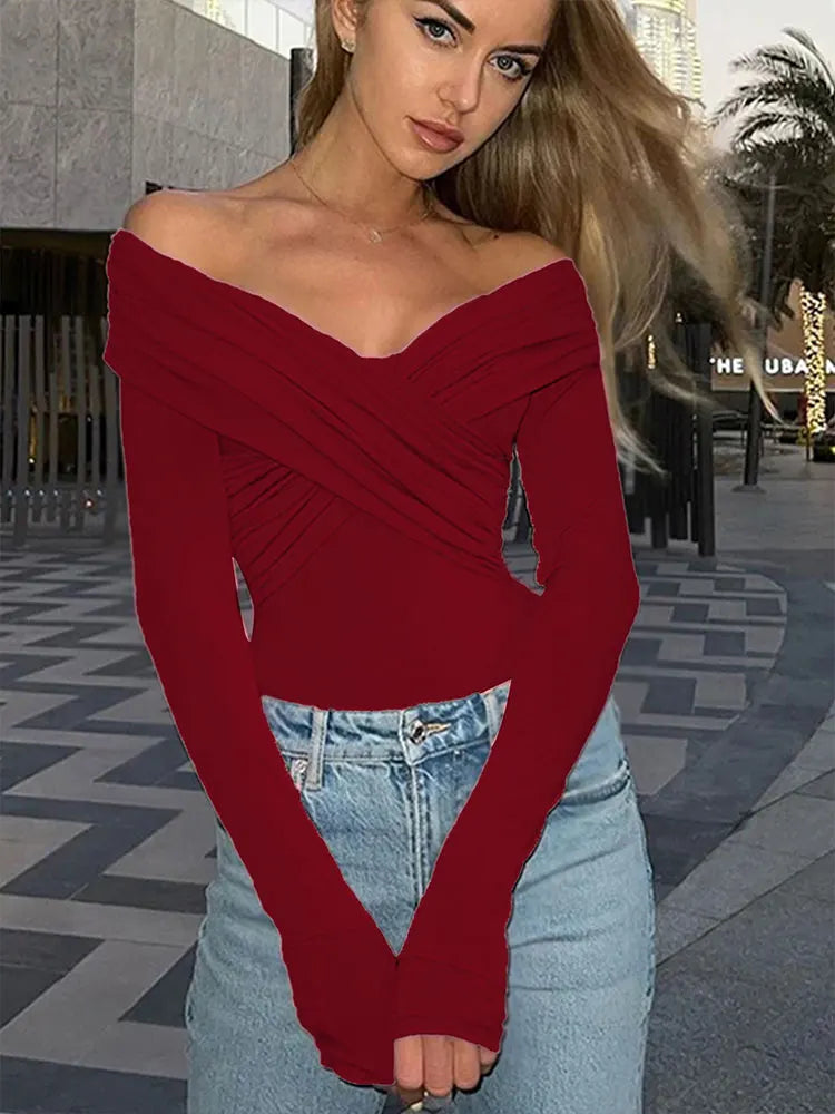 Stylish red sexy off shoulder bodysuit with ruched details and long sleeves