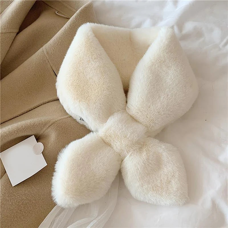 Luxurious VaultHaus cosy faux fur scarf for cold weather in soft cream shade, perfect for winter.