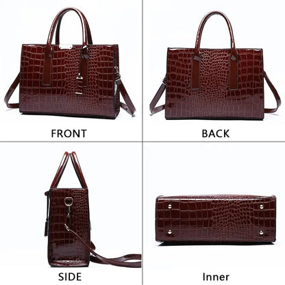 Burgundy crocodile print tote bag with sleek design, showcasing front, back, side, and inner views