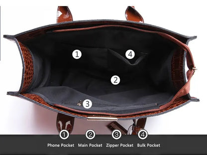 Interior view of a crocodile print tote bag featuring multiple pockets for organization