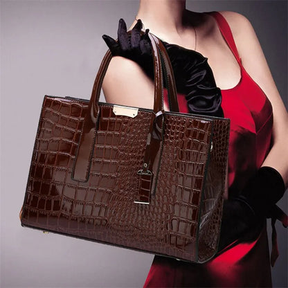 Stylish crocodile print tote bag in rich brown, perfect for fashionable outings and everyday use