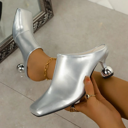 VaultHaus silver designer women's wedge sandals with unique spherical heels and square toes