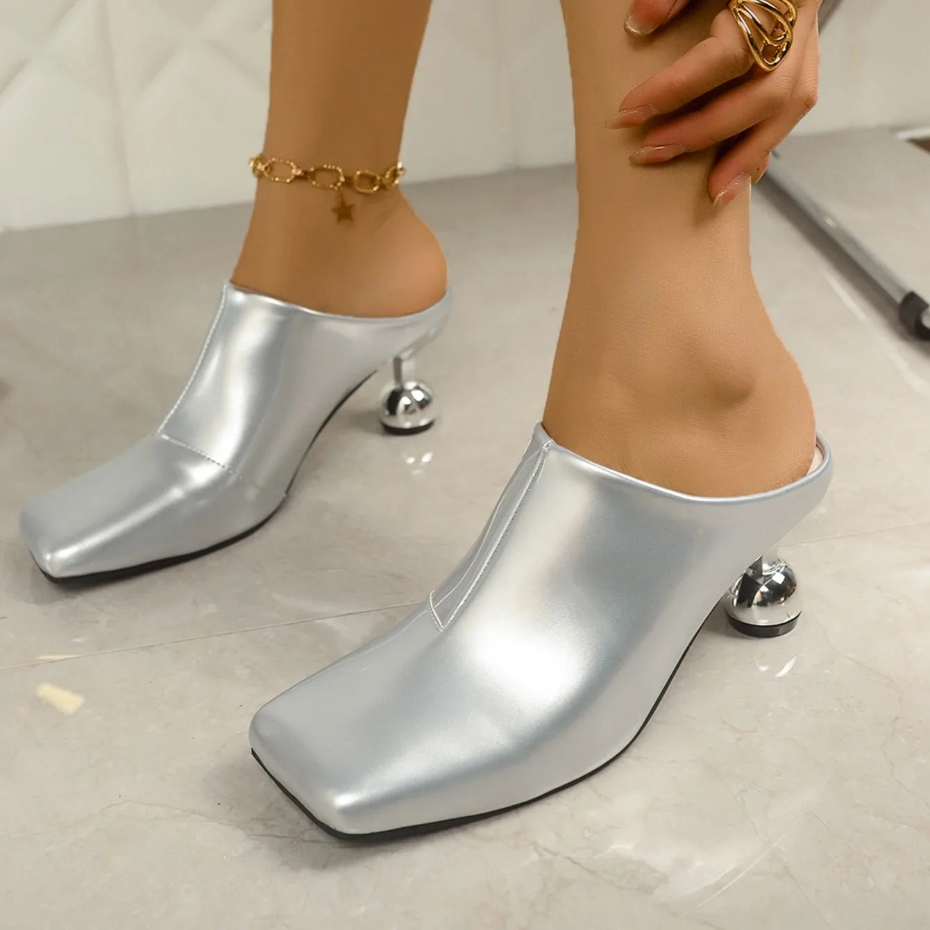 VaultHaus silver designer women's wedge sandals with unique metallic ball heels and square toes