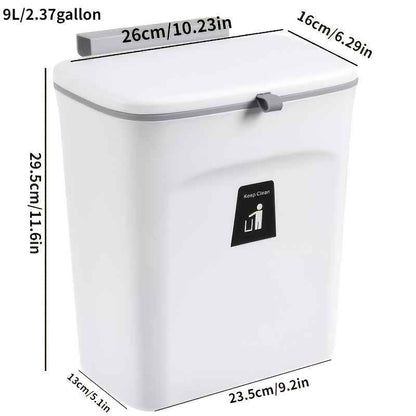 VaultHaus Door Hanging Trash Can with a sleek design and lid, perfect for recycling kitchen waste