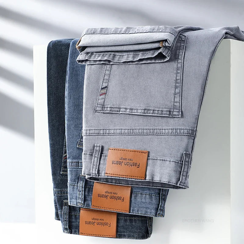 VaultHaus comfortable men's fashion jeans in grey and blue stacked for stylish casual wear
