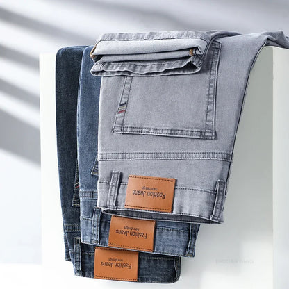 VaultHaus comfortable men's fashion jeans in grey and blue stacked for stylish casual wear