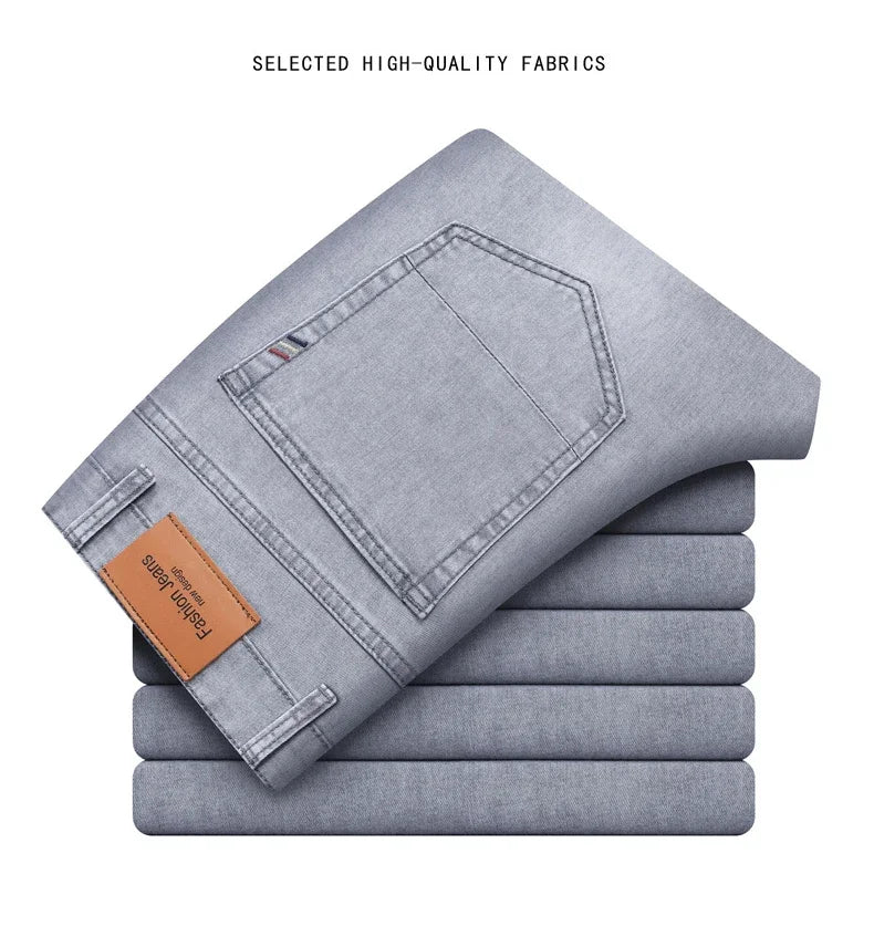 VaultHaus comfortable men's fashion jeans stacked neatly, showcasing high-quality fabric and detail.