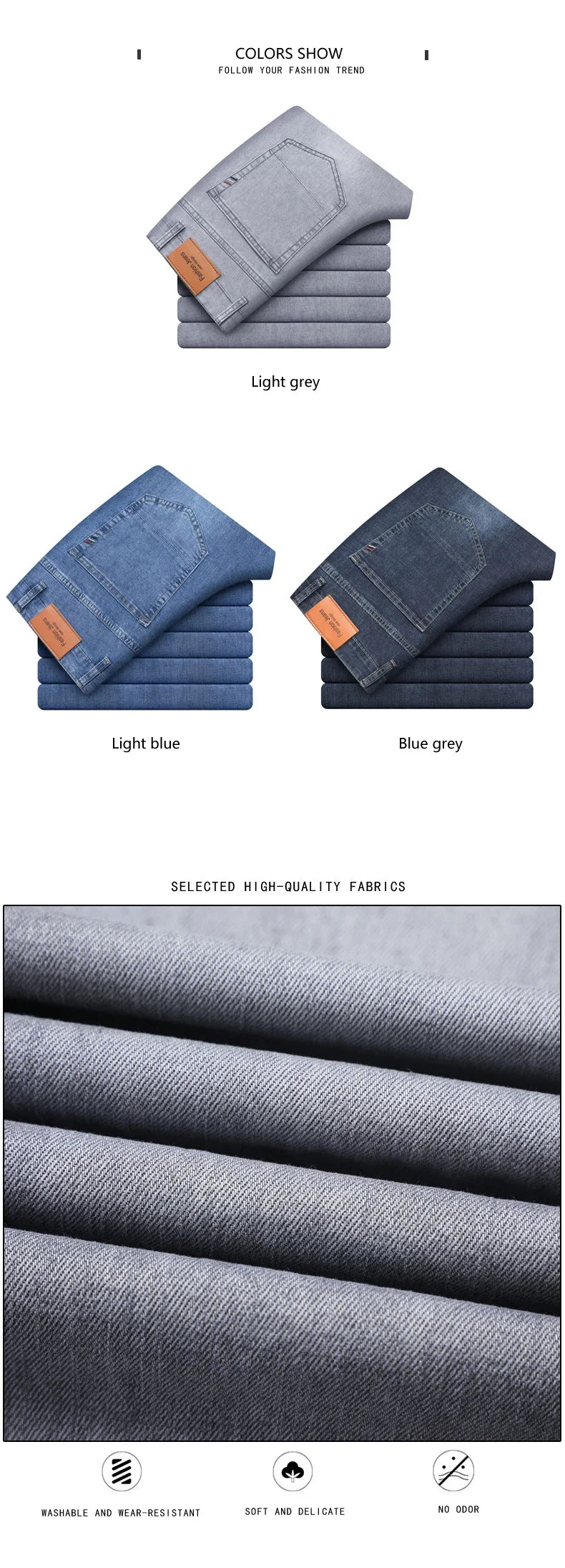VaultHaus comfortable men's fashion jeans in light grey, light blue, and blue grey with high-quality fabrics