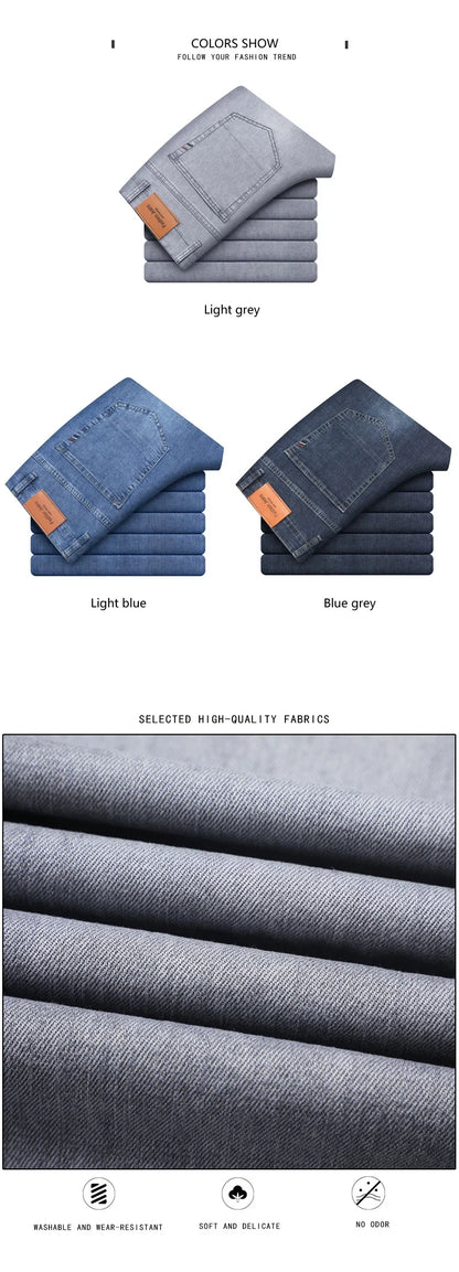 VaultHaus comfortable men's fashion jeans in light grey, light blue, and blue grey with high-quality fabrics
