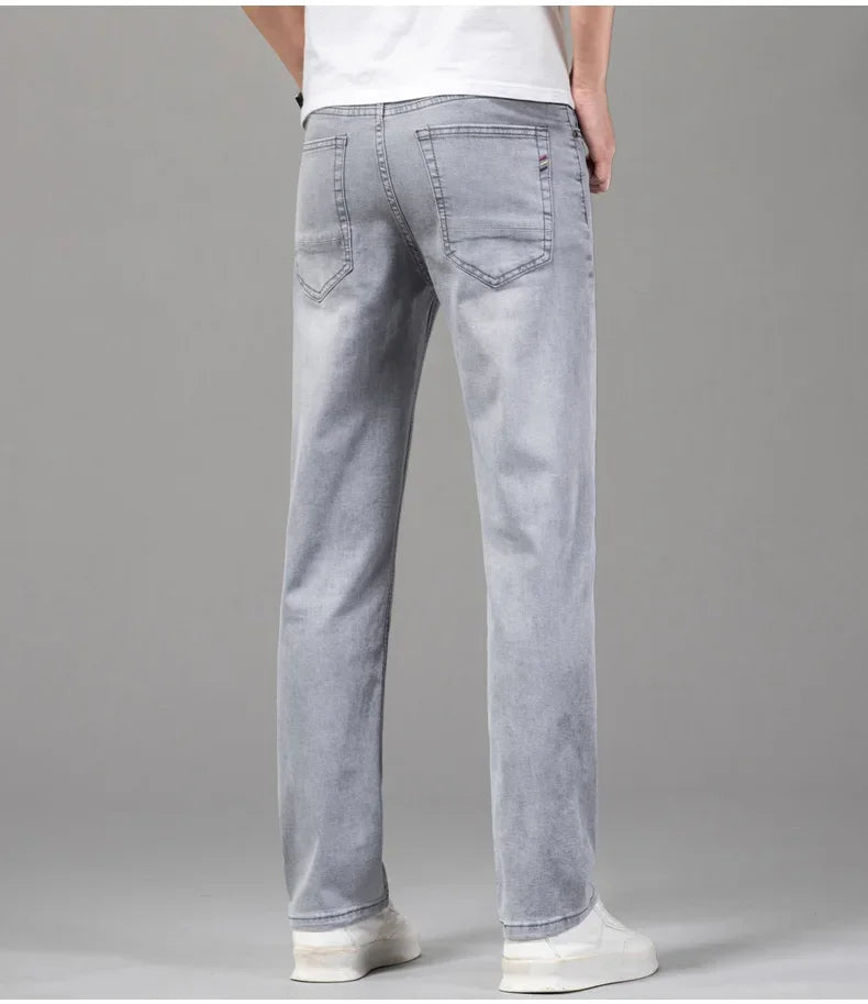 Stylish gray comfortable men's fashion jeans designed for a relaxed fit and everyday wear