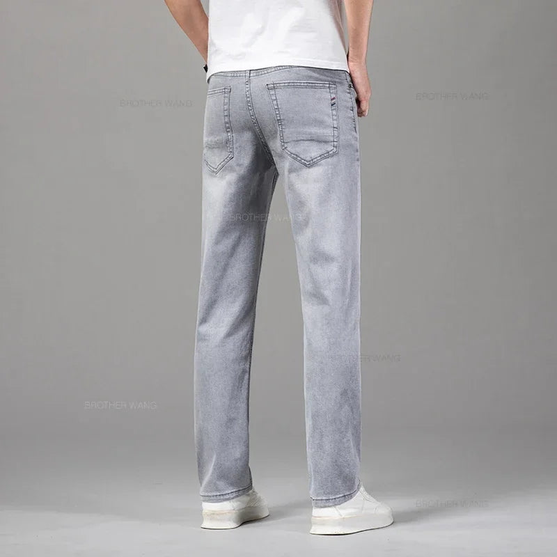 Stylish gray comfortable men's fashion jeans with a relaxed fit for casual wear