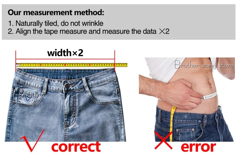 Measurement guide for comfortable men's fashion jeans showing correct and incorrect methods for measuring waist