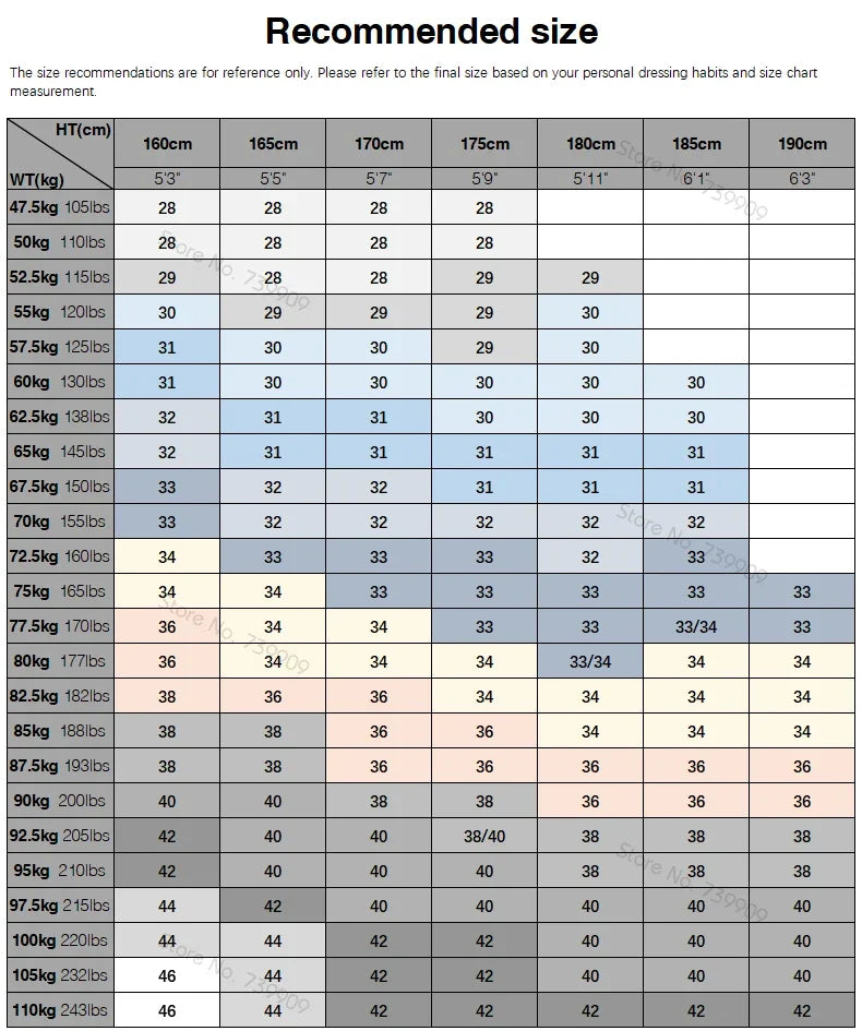 Size chart for comfortable men's fashion jeans showing height and weight recommendations for best fit
