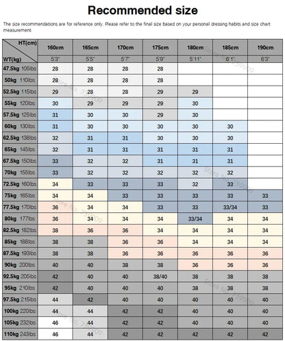 Size chart for comfortable men's fashion jeans showing height and weight recommendations for best fit
