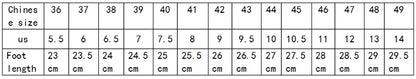 Size chart for fashion mules for men showing Chinese size, US size, and foot length in centimeters