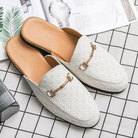 VaultHaus white fashion mules for men with embossed pattern and gold metal buckle detail
