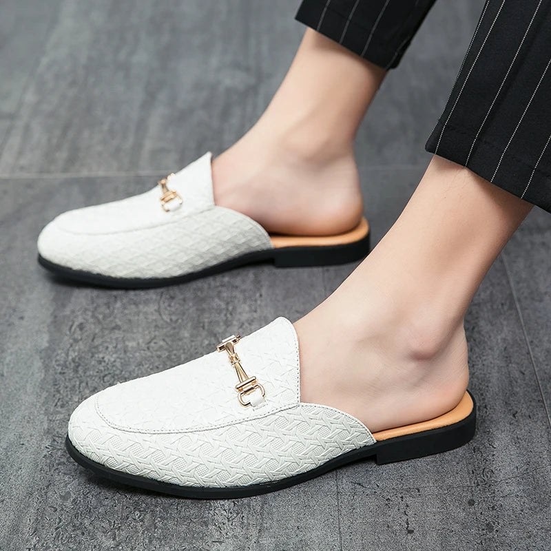VaultHaus white fashion mules for men with textured pattern and gold buckle detail