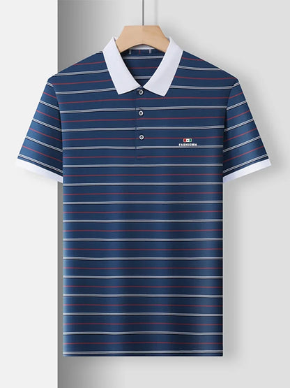 VaultHaus business casual short sleeve polo in navy with striped design and white collar