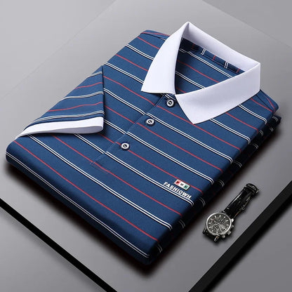 VaultHaus business casual short sleeve polo in navy blue with red stripes and a stylish collar