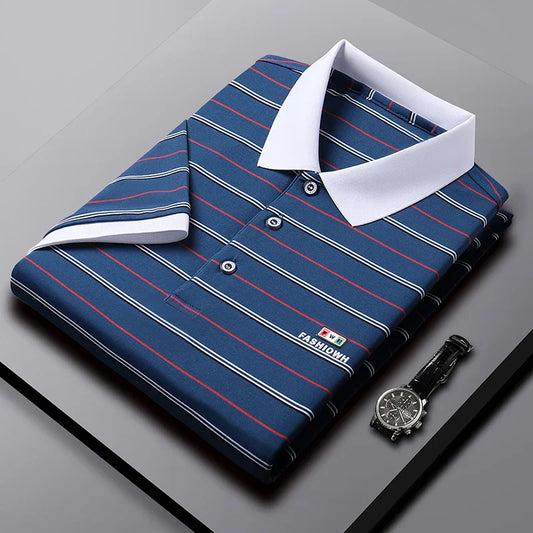 VaultHaus business casual short sleeve polo in navy blue with red stripes and a stylish collar