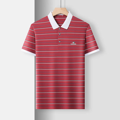 VaultHaus Red Striped Business Casual Short Sleeve Polo with White Collar for Stylish Look