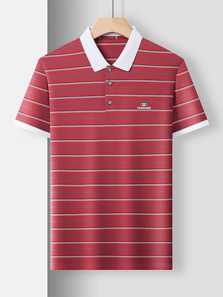 VaultHaus Business Casual Short Sleeve Polo in Red with Stripes for Stylish Office Wear