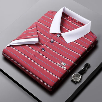 VaultHaus Red Striped Business Casual Short Sleeve Polo with Classic Collar and Button Placket