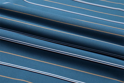 Close-up of VaultHaus business casual short sleeve polo in blue with stylish stripes