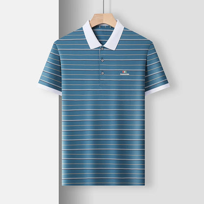 VaultHaus Business Casual Short Sleeve Polo in Blue with White Stripes and Collar