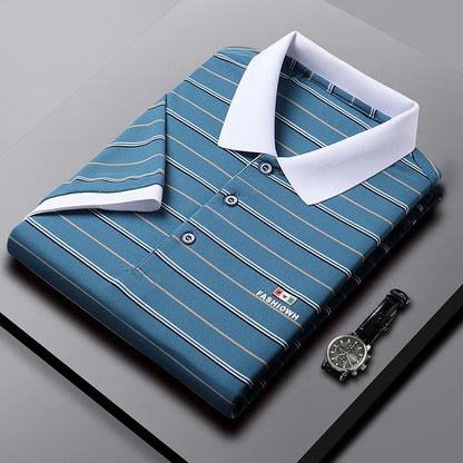 VaultHaus business casual short sleeve polo in blue stripes folded with a black watch