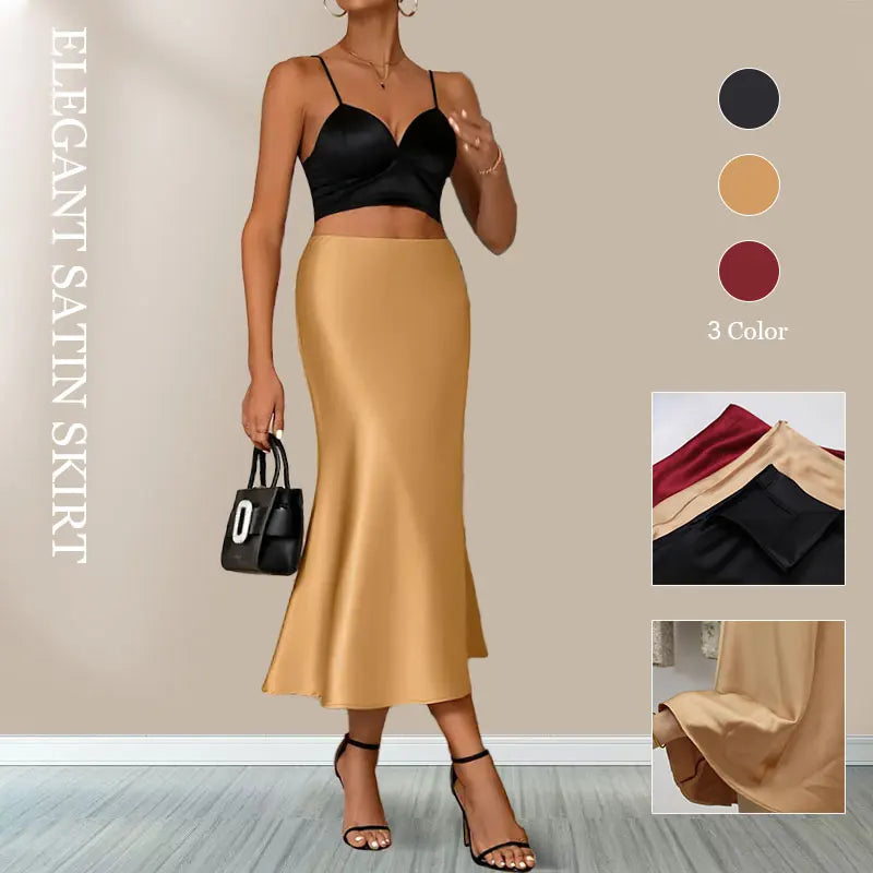 Women's satin elegant midi skirt in gold with stylish fit, perfect for any formal occasion