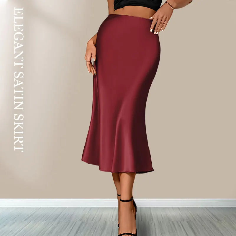 Stylish woman wearing a burgundy women's satin elegant midi skirt for a sophisticated look