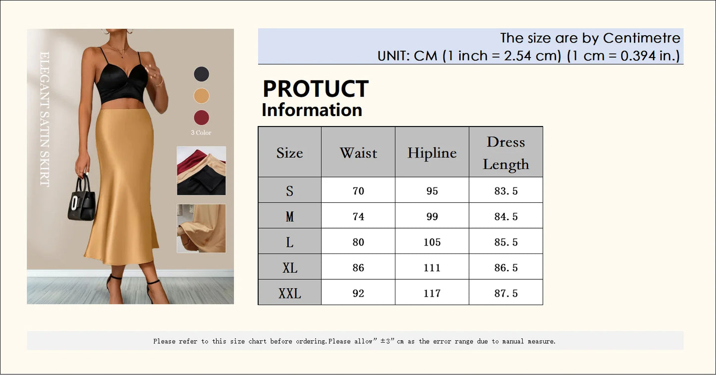 VaultHaus Women's satin elegant midi skirt in gold with size chart details for perfect fit