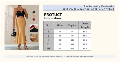 VaultHaus Women's satin elegant midi skirt in gold with size chart details for perfect fit