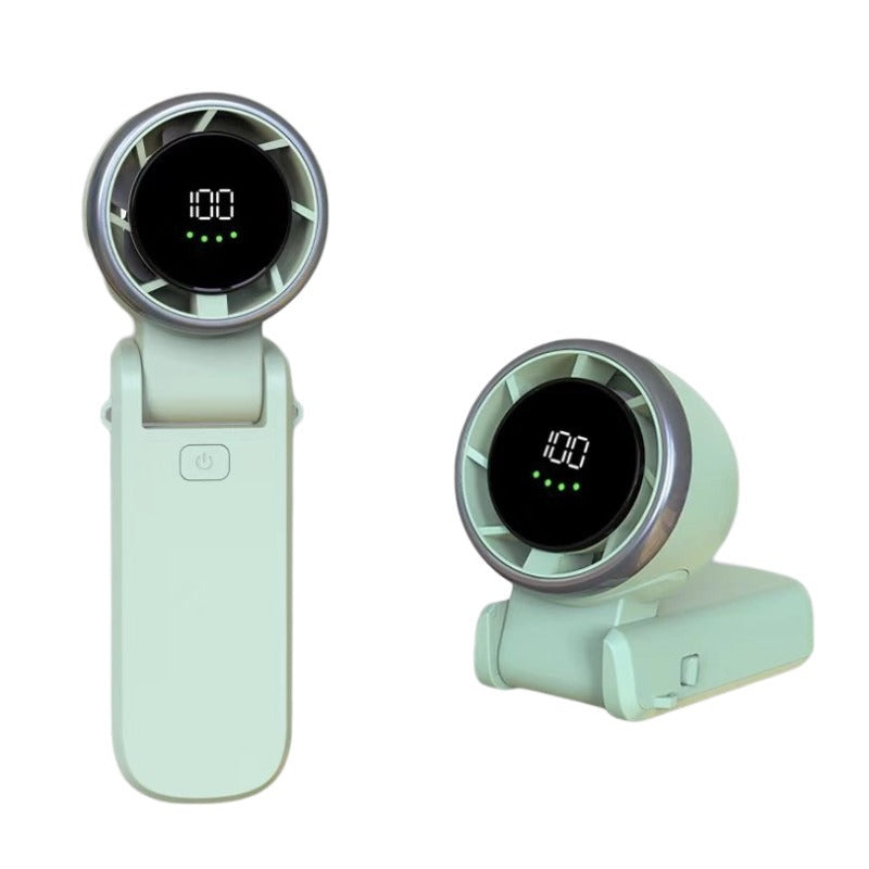 VaultHaus handheld turbo fan in mint green with digital display and foldable design for portable cooling