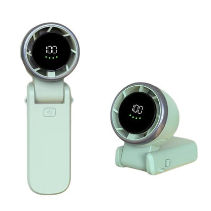 VaultHaus handheld turbo fan in mint green with digital display and foldable design for portable cooling