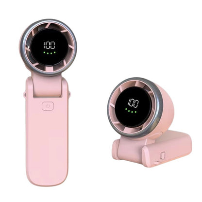 VaultHaus pink handheld turbo fan with digital display showing speed and compact foldable design