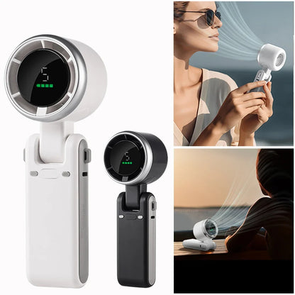 VaultHaus handheld turbo fan in white and black with digital display shown in use outdoors