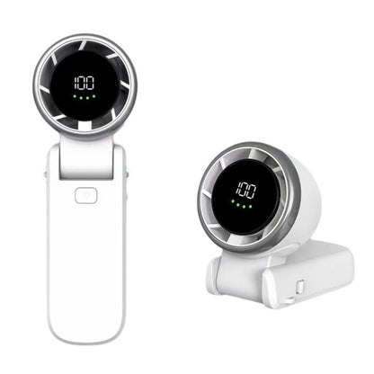 VaultHaus handheld turbo fan in white with digital display showing battery level and foldable design