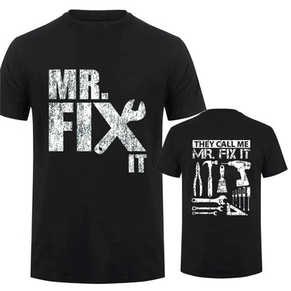 Handyman dad t-shirt in black featuring 'Mr. Fix It' graphic on front and tool designs on back
