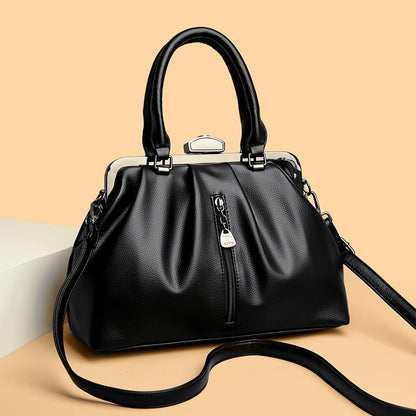 Stylish black high quality PU leather handbag with pleated design and detachable shoulder strap