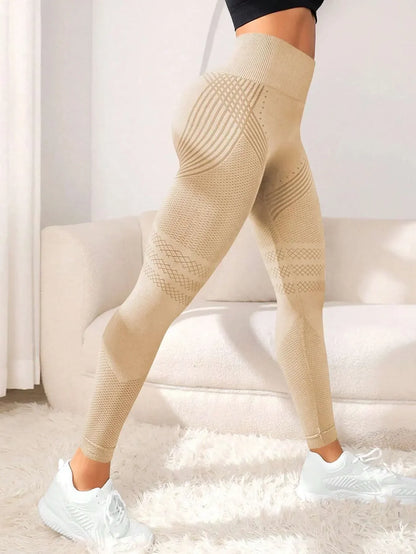 VaultHaus high waist gym tights in beige with stylish textured pattern for optimal comfort and performance
