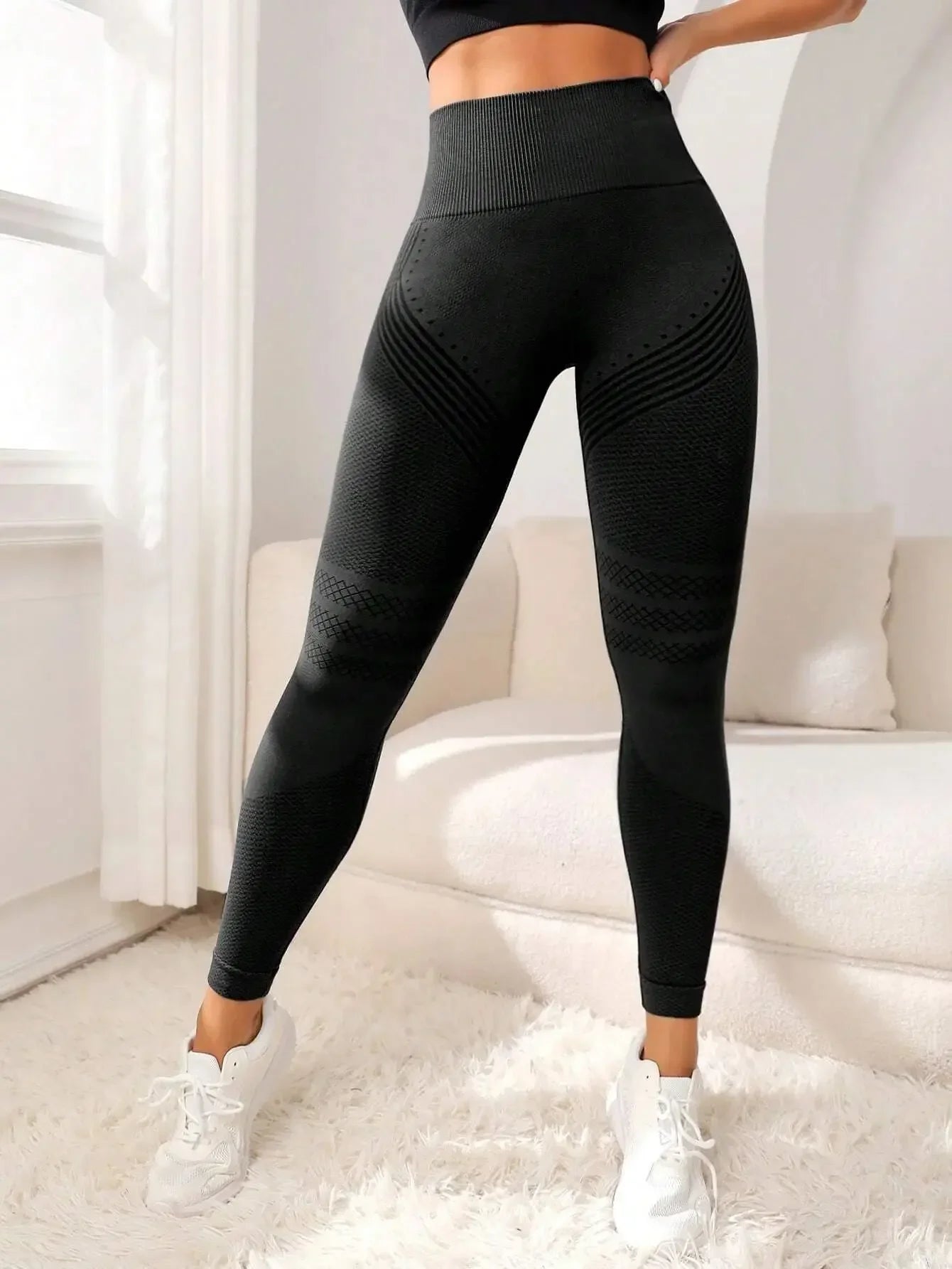 VaultHaus high waist gym tights in black with textured pattern for comfortable workouts