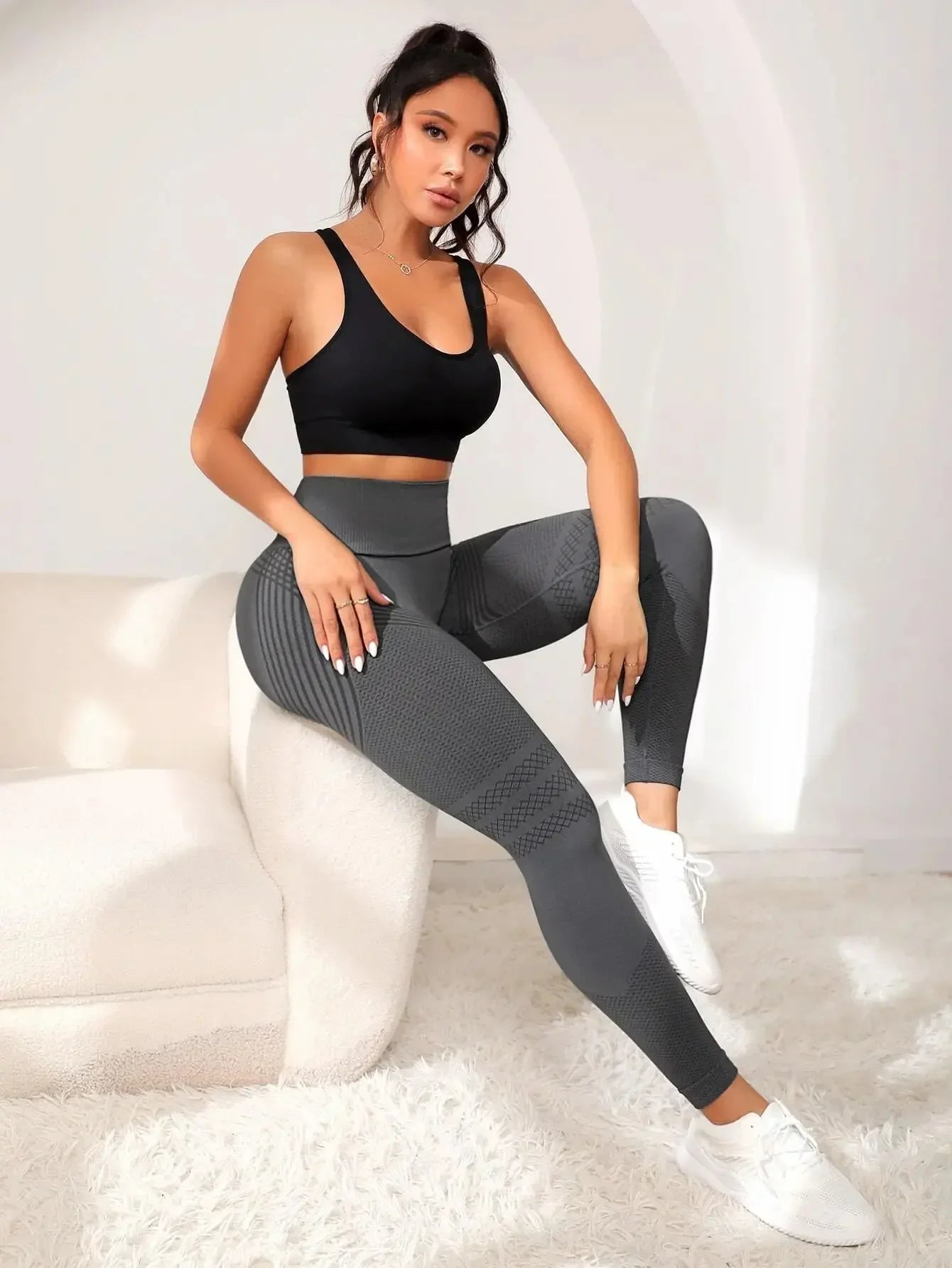 Stylish VaultHaus high waist gym tights in gray, perfect for workouts and everyday wear