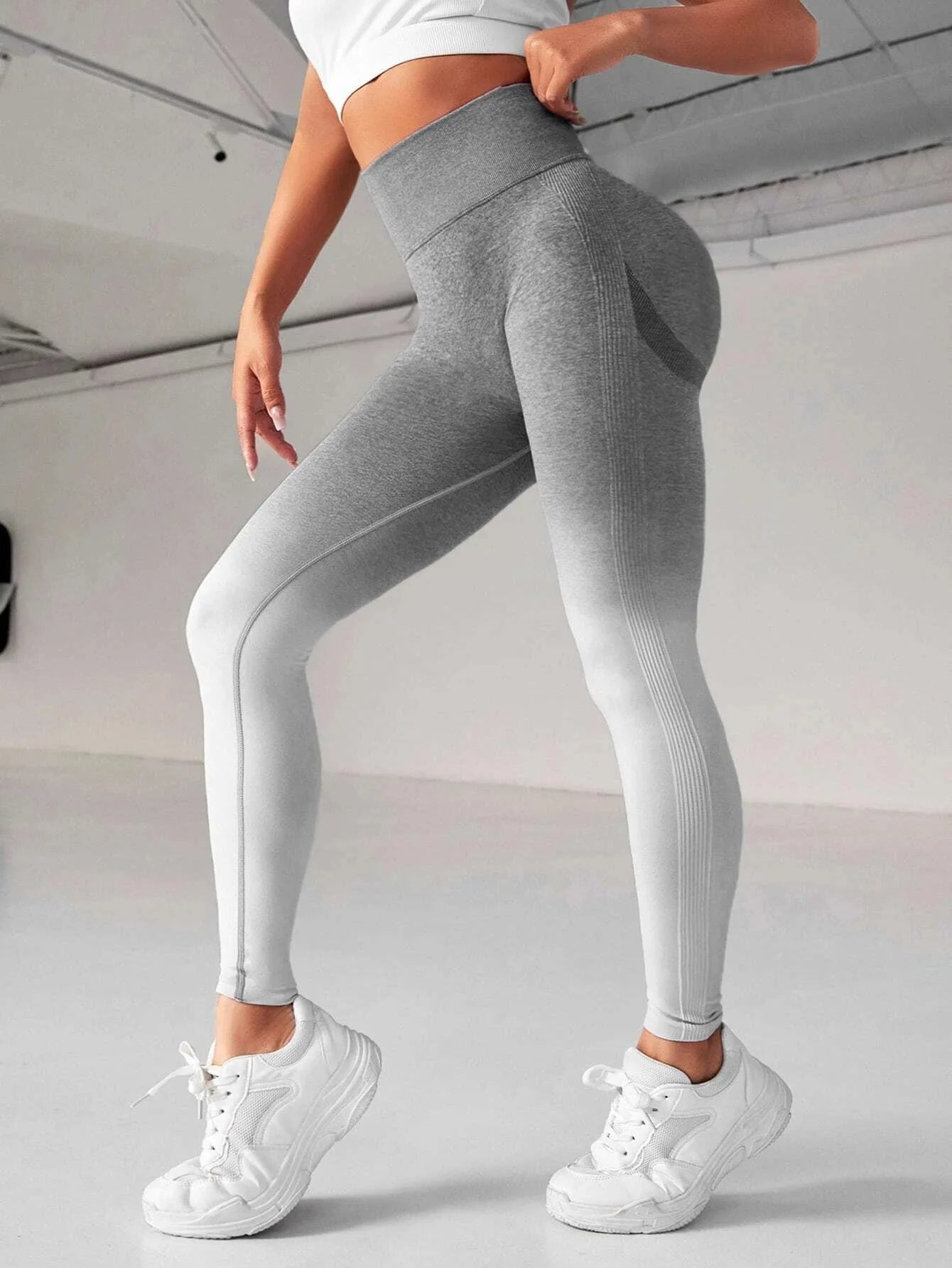 VaultHaus high waist seamless leggings in gray gradient design, perfect for workouts and casual wear