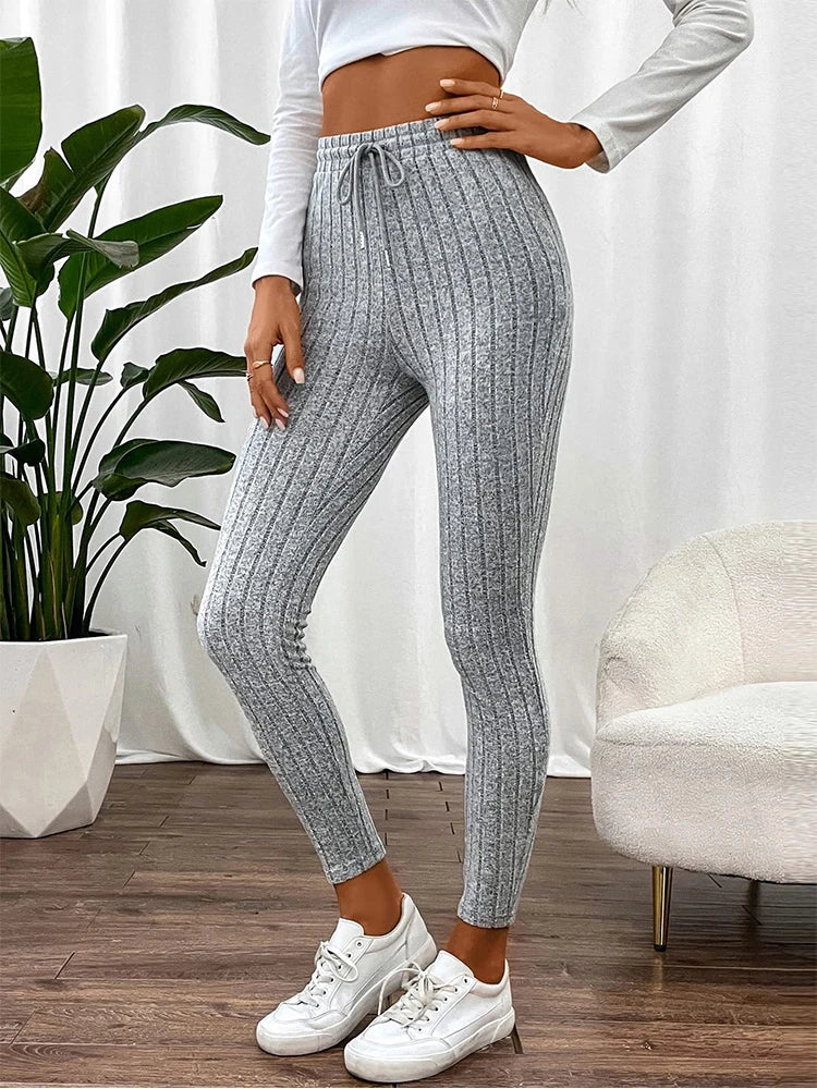 VaultHaus high waist stretch leggings in gray ribbed fabric for comfortable casual wear