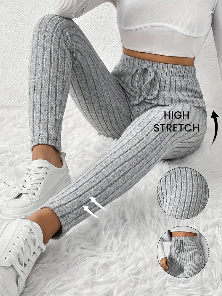 VaultHaus high waist stretch leggings in gray ribbed fabric with drawstring for comfort and flexibility